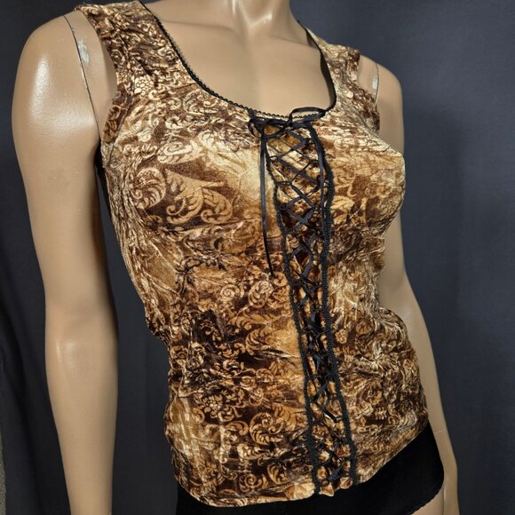 Vintage 90s Y2K Velvet Lace Up Top Brown Beige Paisley Fairy Grunge Size M - Picture 9 of 11